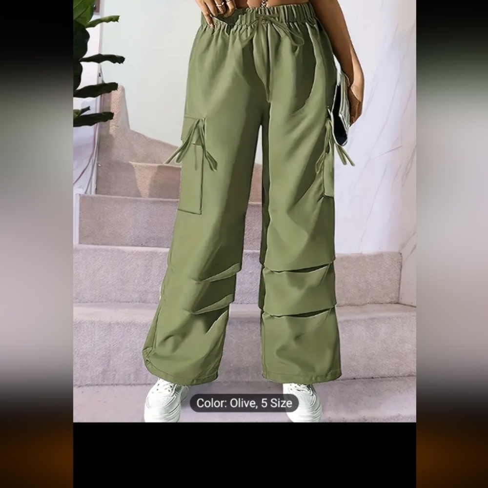 Women's solid drawstring elastic wide leg cargo trousers with flap pockets 2XL